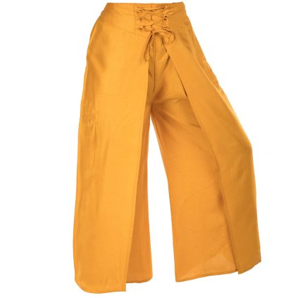Polozavinovací raonové kalhoty jednobarevné hořčicové