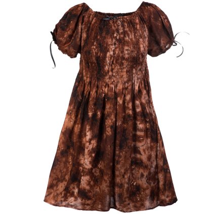 Krátké rayonové šaty s rukávky a žabičkovaním Batika hnědé