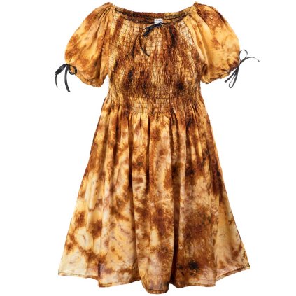 Krátké rayonové šaty s rukávky a žabičkovaním Batika žlutohnědé