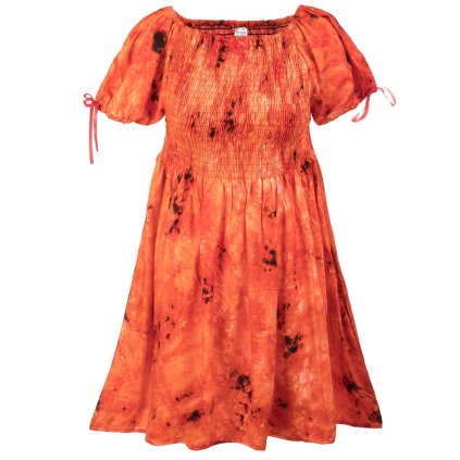Krátké rayonové šaty s rukávky a žabičkovaním Batika oranžové
