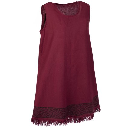 (S/M) Krátké šaty z bavlny s ručním tiskem a třásněmi Vínové