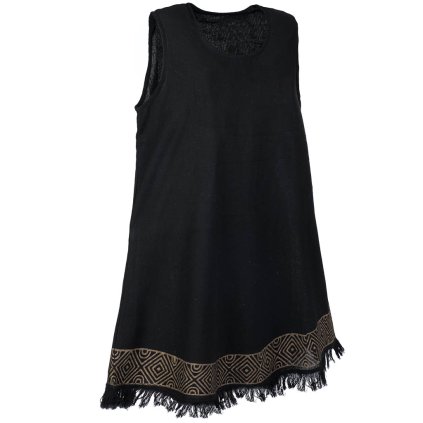 (M/L) Krátké šaty z bavlny s ručním tiskem a třásněmi černé