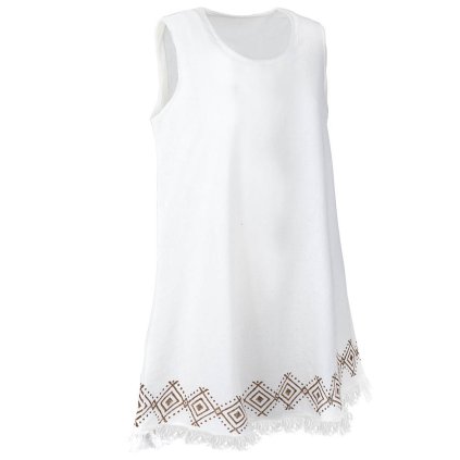 (M/L) Krátké šaty z bavlny s ručním tiskem a třásněmi bílé