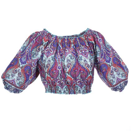 Indický crop top z umělého hedvábí modrý