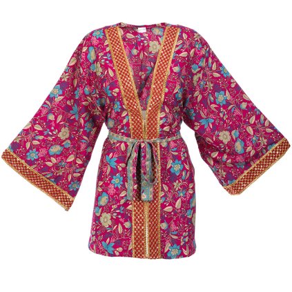 Krátké kimono z umělého hedvábí s vyšívaným lemem fuchsiové