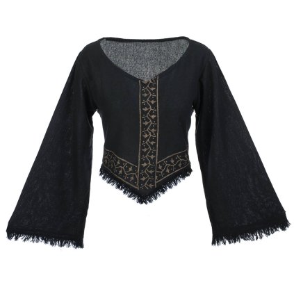 (S/M) Bavlněný crop top s dlouhým rukávem a ručním tiskem černý