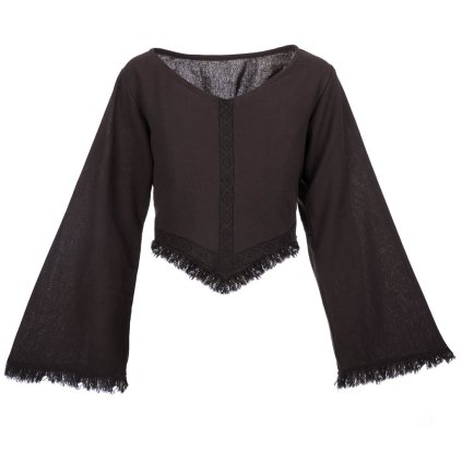 (S/M) Bavlněný crop top s dlouhým rukávem a ručním tiskem tmavě hnědý