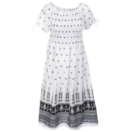 (M/L) Střední šaty s krátkými rukávky z rayonu s žabičkováním Ornament bíločerné