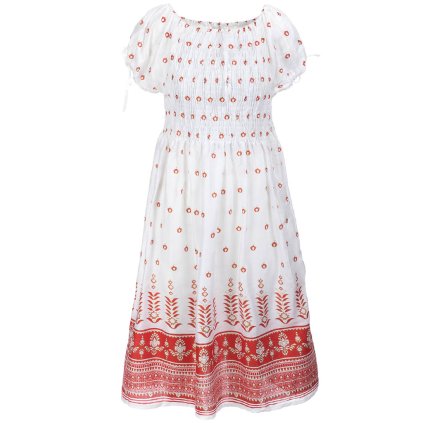 (M/L) Střední šaty s krátkými rukávky z rayonu s žabičkováním Ornament bíločervené