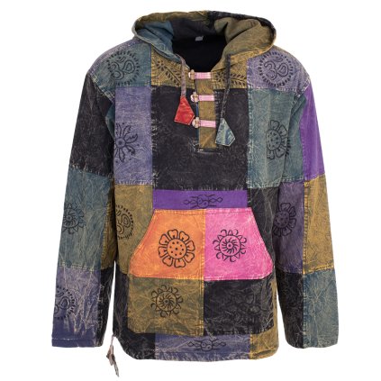 (L/XL) Bavlněný pulover patchwork a tisk s kapucí a klokánkem