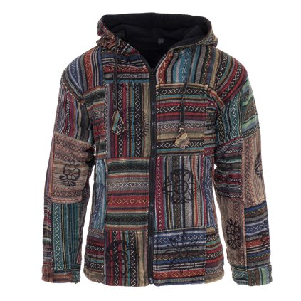 (L) Kabát z pevné bavlny podšitý fleesem patchwork a tisk barevný