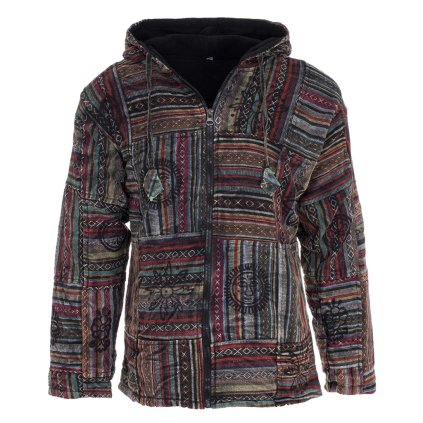 (XL) Kabát z pevné bavlny podšitý fleesem patchwork a tisk barevný