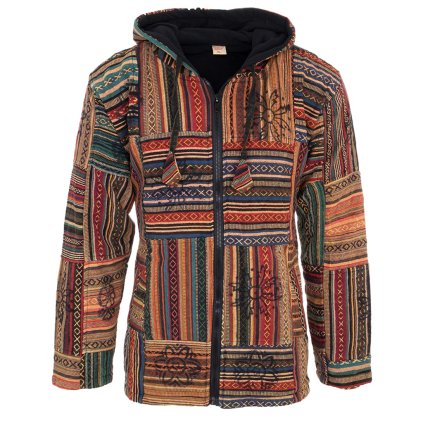 (XL) Kabát z pevné bavlny podšitý fleesem patchwork a tisk barevný