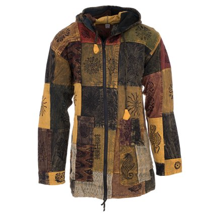 II.jakost (XXL) Patchworková bunda na zip z pevné bavlny s ručním tiskem a kapucí