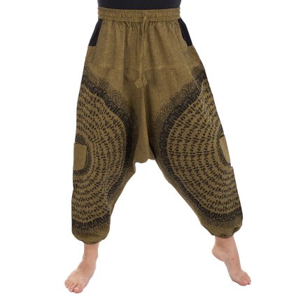 Harémové kalhoty z pevné bavlny Mantra žlutozelené