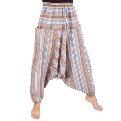 Harémové kalhoty z lehké bavlny pruhované barevné