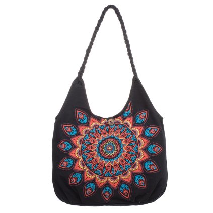 Velká kabelka z pevné bavlny Vyšívaná mandala 40 x 35 cm černá