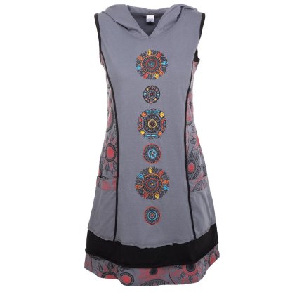 Strečová šatovka z bavlny s kapucí Vyšívané mandaly šedá II.jakost