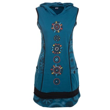 Strečová šatovka z bavlny s kapucí Vyšívané mandaly modrá