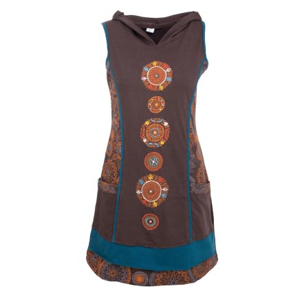 Strečová šatovka z bavlny s kapucí Vyšívané mandaly hnědá