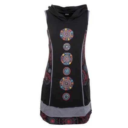 Strečová šatovka z bavlny s kapucí Vyšívané mandaly černá II.jakost