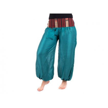 Pohodlné etno kalhoty se tkaným pasem petrolejově modré