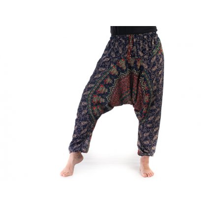 Harémové kalhoty s ručním tiskem Mandala tmavomodré