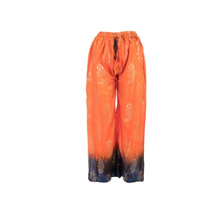 Indické kalhoty se zlatým tiskem a širokými nohavicemi ohnivě oranžové