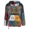 (L/XL) Bavlněný pulover patchwork a tisk s kapucí a klokánkem