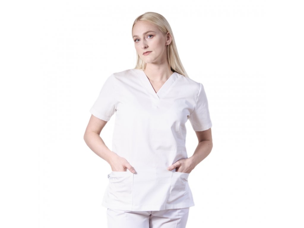 Lékařská halena INFINITE MedStyle bílá - dámská, pohled zepředu, výštřih do V, projmutý střih, praktické kapsy, (Velikost XXL - s kapsou)