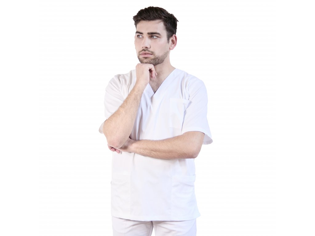 Lékařská halena INFINITE MedStyle bílá - pánská, pohled zepředu, projmutý střih, praktické kapsy, (Velikost XXL)