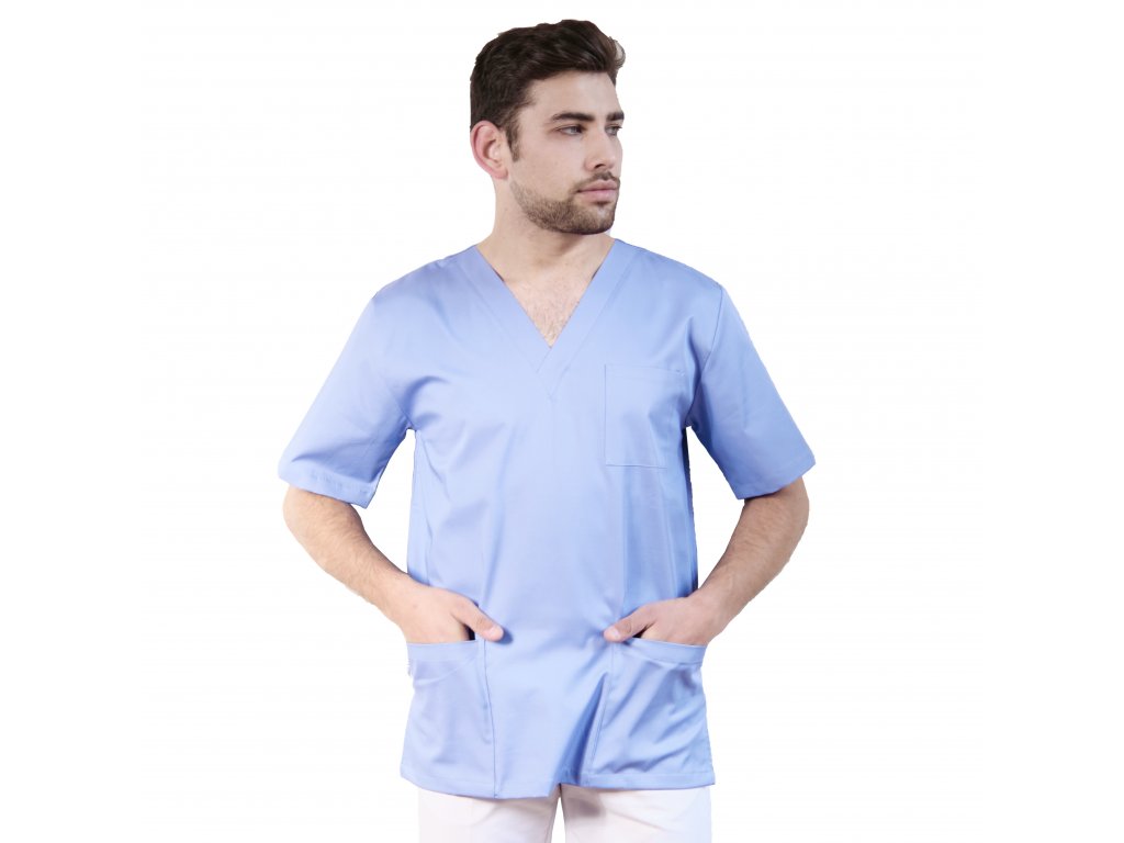 Lékařská halena INFINITE MedStyle modrá - pánská, pohled zepředu, projmutý střih, výstřih do V, (Velikost XXL)