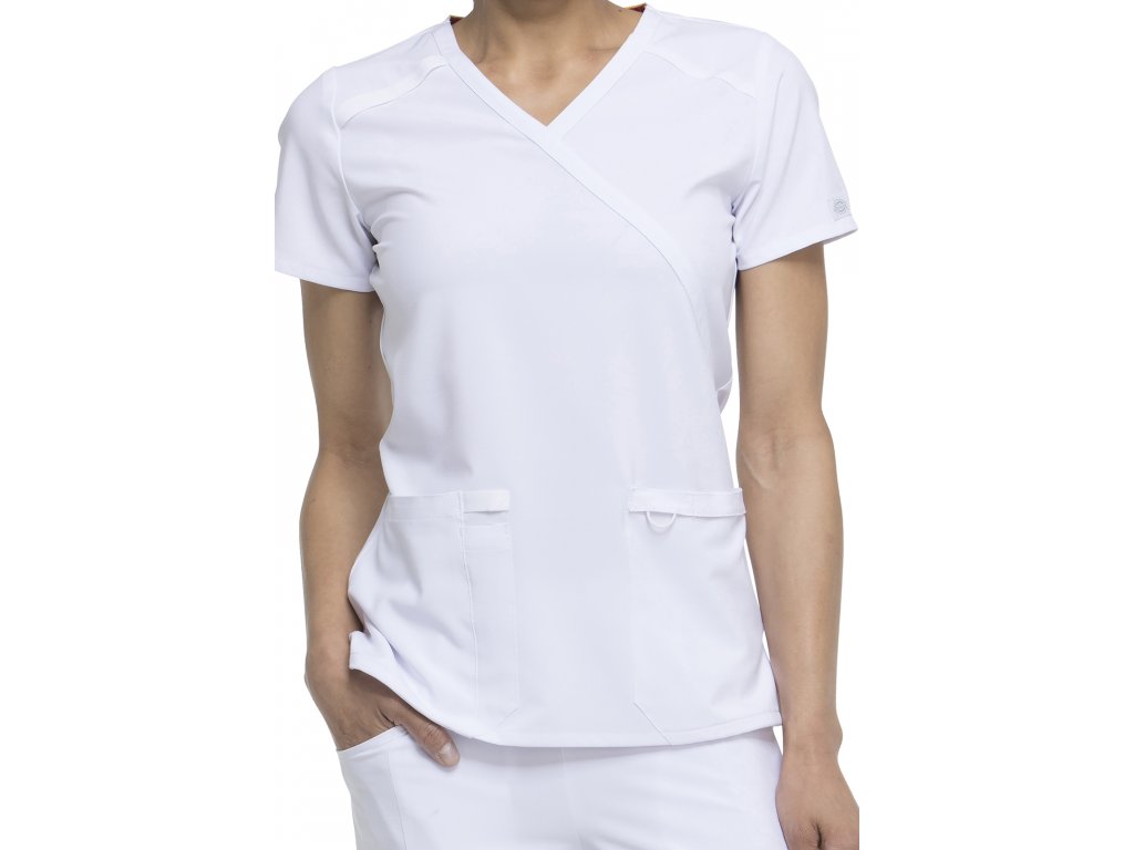 Halena Dickies Mock Wrap dámská - bílá (Velikost XXL), přední pohled, dvě velké kapsy a jedna prsní kapsa