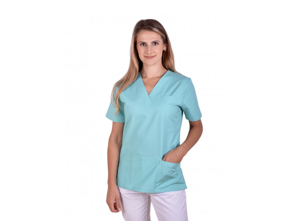 Lékařská halena INFINITE MedStyle mint - dámská, pohled zepředu, projmutý střih, výstřih do V, krátký rukáv, (Velikost XXL)