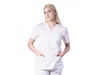 Lékařská halena INFINITE MedStyle bílá - dámská, pohled zepředu, výštřih do V, projmutý střih, praktické kapsy, (Velikost XXL - s kapsou)