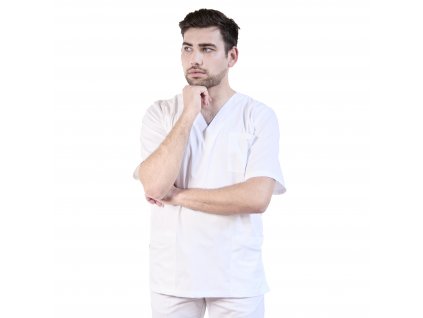 Lékařská halena INFINITE MedStyle bílá - pánská, pohled zepředu, projmutý střih, praktické kapsy, (Velikost XXL)