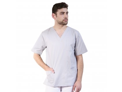 Lékařská halena INFINITE MedStyle šedá - pánská, pohled zepředu, výstřih do V, (Velikost XXL)