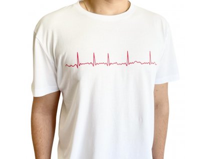 EKG tričko pánské bílé - fibrilace síní, pohled zepředu, elegantní střih, krátký rukáv