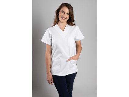 Zdravotnická halena INFINITE Flex Virginia - bílá, pohled zepředu, elegantní střih