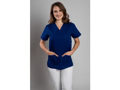Zdravotnická halena INFINITE Flex Virginia - modrá, pohled zepředu, elegantní střih