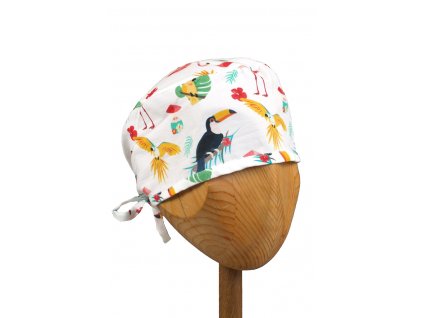 Lékařská čepice Tropical, zavazování vzadu, bavlna vysoké jakosti, všitá bavlněná látka, jedna velikost, univerzální, bavlna, sunrise uniforms, tukan, papoušek, plameňák, barvy, barevná bílá, Kapelusz medyczny Tropikalny krawat na plecach Wysokiej jakości bawełna szyta tkanina bawełniana Jeden rozmiar Uniwersalna bawełna Wschód słońca Mundury Tukan Papuga Flaming Kolory Kolorowy Biały