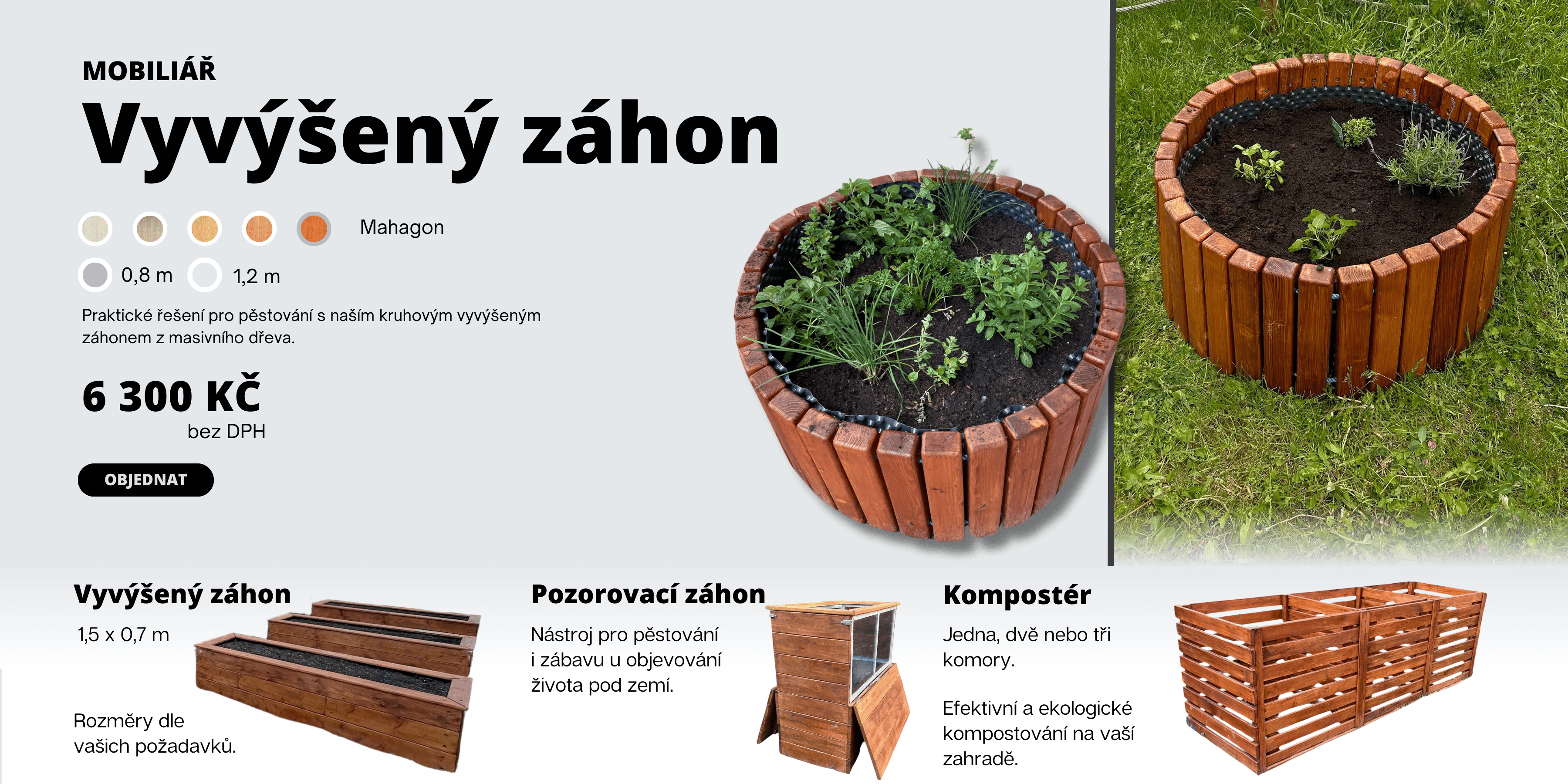 Vyvýšený záhon s nabídkou dalších produktů. Kompostér. Zahrada.