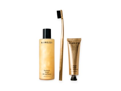Cestovní sada s černým kartáčkem, ústní vodou a zubní pastou  Travel Trio Gold - Black bristles