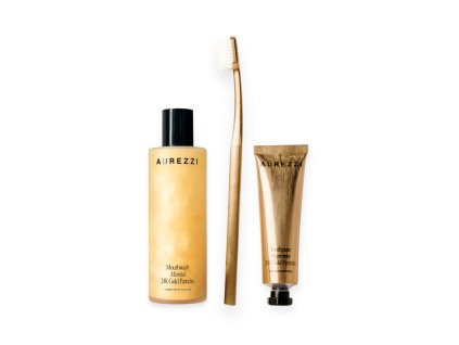 Cestovní sada s bílým kartáčkem, ústní vodou a zubní pastou  Travel Trio Gold - White bristles
