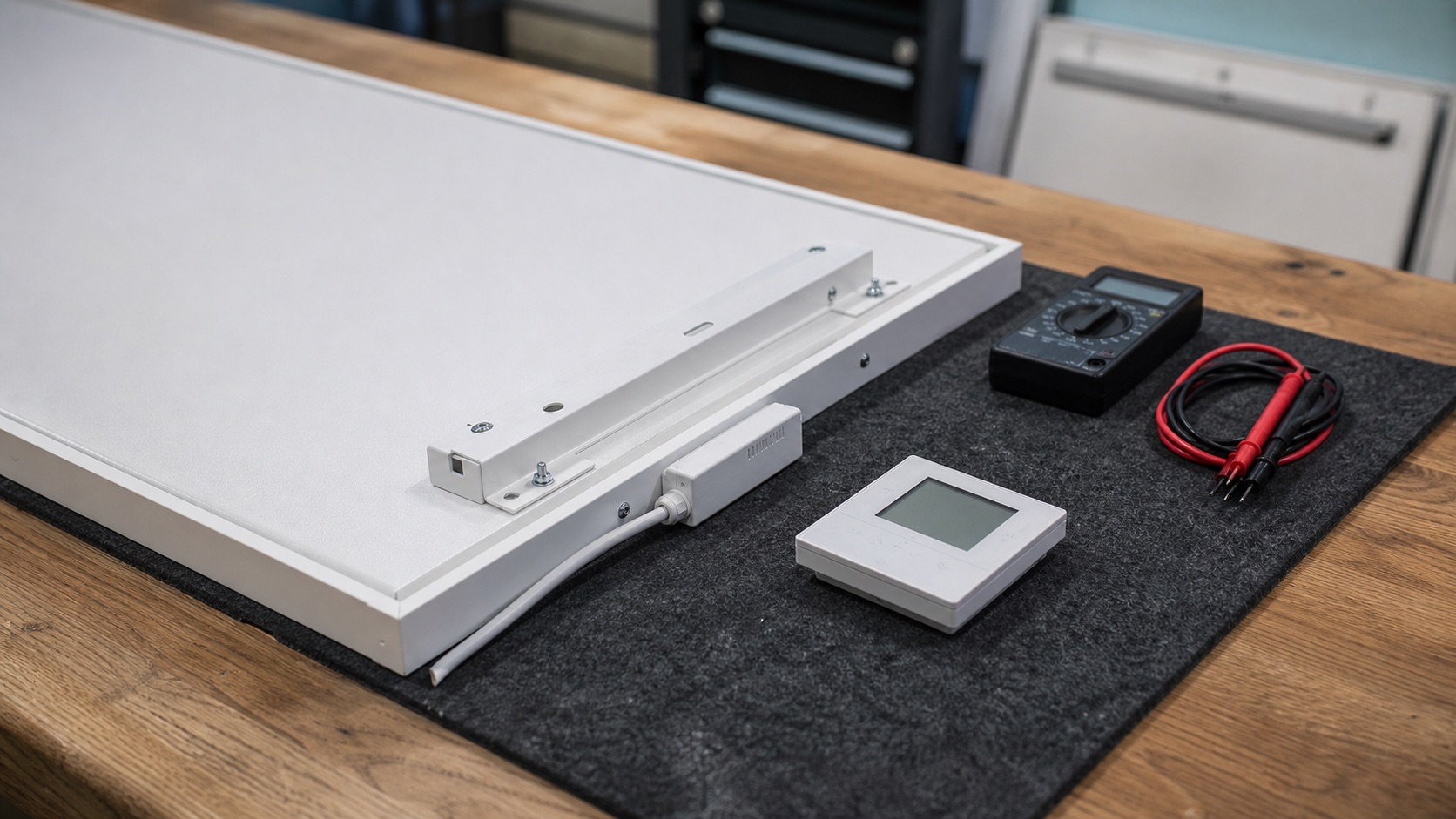 Detail infrapanelu, termostatu a diagnostického vybavení v servisním středisku Byecold