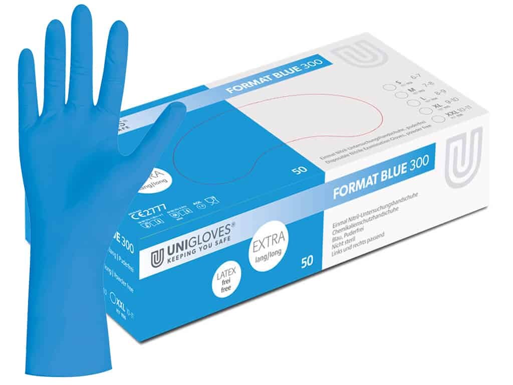 modré nitrilové rukavice prodloužené unigloves format blue 300
