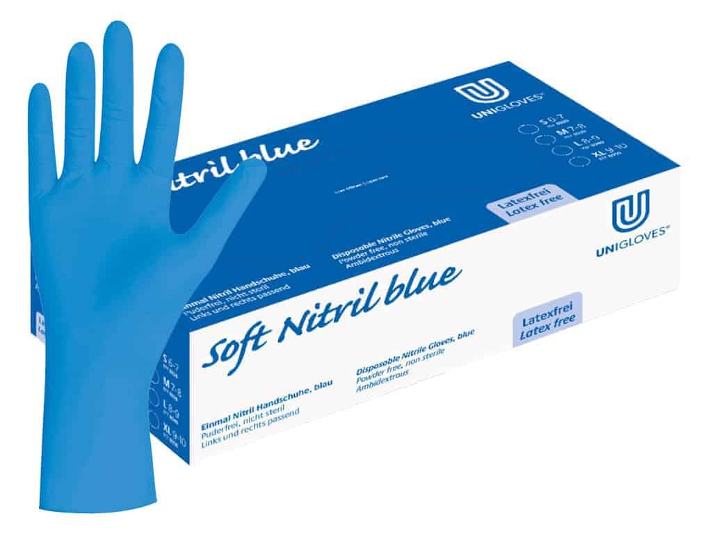 nitrilové rukavice modré soft nitril blue v modrobílé krabičce od značkyunigloves