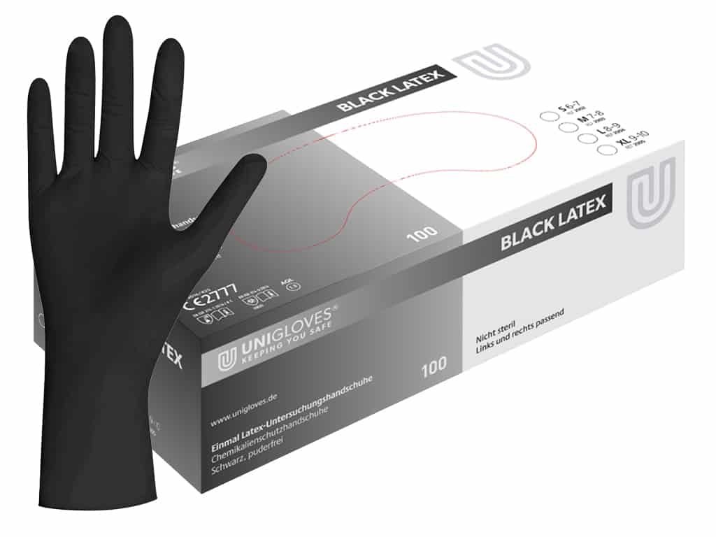 černé latexové rukavice black latex v černobílé krabičce od značky unigloves