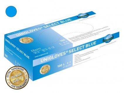 modré latexové rukavice select blue v modrobílé krabičce od značky unigloves