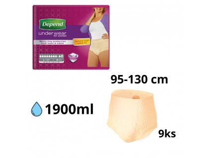 DEPEND MAXIMUM L pre ženy naťahovacie nohavičky, obvod bokov 95 130cm, priedušné, 9ks